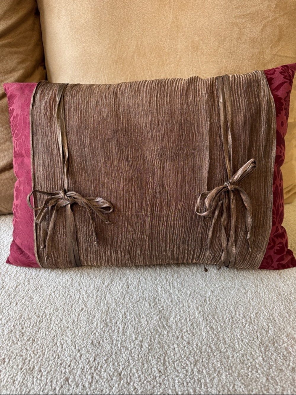 Bundle of Two Decorative Bow-Tie Accent Throw Pillows - Gold, Brown, Burgundy - Picture 5 of 7